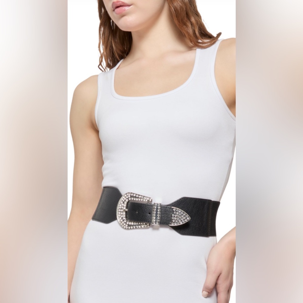 NWT Black Faux Leather Belt with Silver Embellishments Buckle